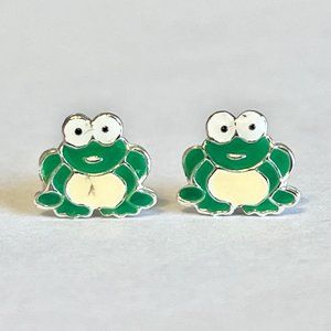 Sterling Silver Frog Post Earrings Green Enamel Dainty Stud 925 Thailand